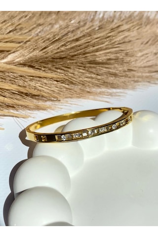 Altın / Gold Renk Zirkon Taşlı 316l Çelik Kelepçe Bileklik Gold