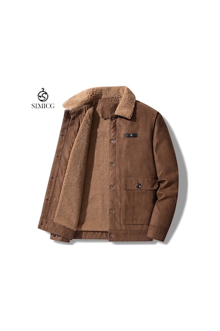 Yeni Erkek Süet Yakalı Peluş Ceket Kahverengi