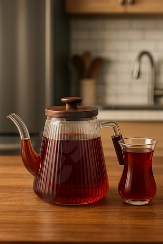 Akasya Kapaklı Ve Saplı Cam Demlik - Isıya Dayanıklı - Cam Demlikli - 3 Parça - 1 Litre Cam