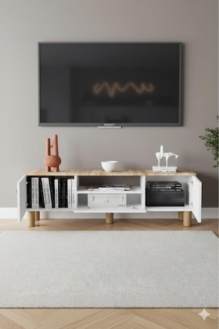 Kzy 3 Kapaklı Bohem Tv Ünitesi Beyaz - Atlantik Çam