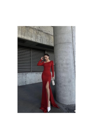 Lior Design Kadın Şık Model Kayık Yaka Taş Detaylı Uzun Kollu Abiye Elbise Kırmızı