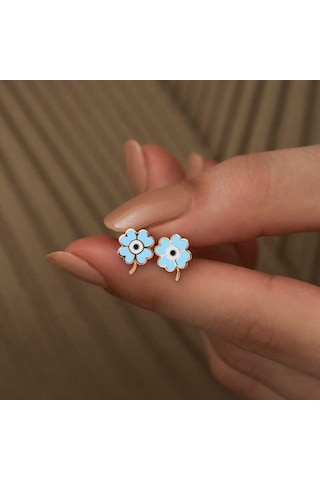 925 Ayar Gümüş Rose Kaplama Fosforlu Mavi Yonca Kadın Küpe Renkli