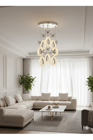 Damla Model 8'li Gümüş 3 Renk Modu Kristal Taşlı Modern Salon Mutfak Oturma Çocuk Odası Led Avize Gümüş