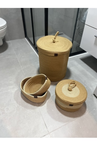 Banyo Takımı Çamaşır Sepeti Banyo Organizer Sepet Paspas Klozet Önü Paspas 4 Lü Sepet Takımı Kahverengi