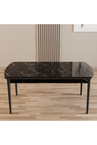 Merona Siyah Mermer 80x132 Sunta Ahşap Ayaklı Açılır Mutfak Masası, Yemek Masası, Salon Masası Siyah Mermer
