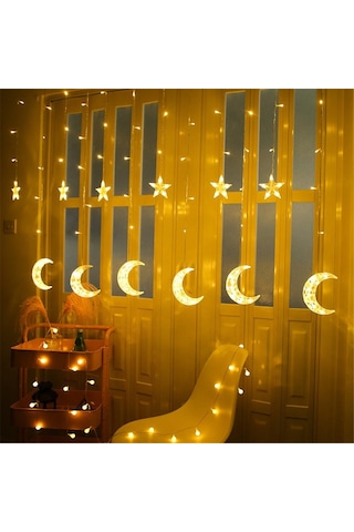 Desenli Ay Yıldız Saçak Perde Led Işık, 8 Animasyonlu, 3 Metre Saçaklı Led Perde Işık
