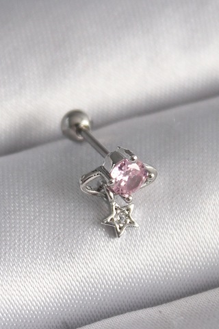 Mey Najmaddin 316l Çelik Gümüş Renk Pembe Zirkon Taşlı Sallantı Yıldız Detay Tragus Piercing Najmaddin Çok Renkli