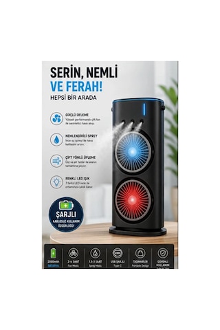 Çift Başlıklı Sprey Fan Nemlendirici Ve Renkli Led Işıklı Siyah Çok Renkli