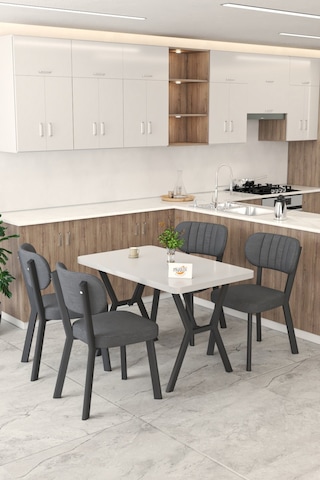 Gnr 70x110cm Sabit Beyaz Mutfak Masası Takımı, Yemek Masası, 4 Modern Antrasit Sandalye Antrasit