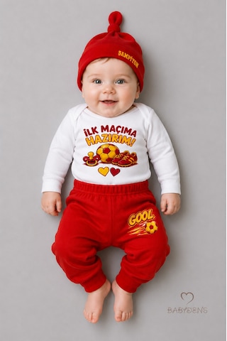 Babyden's Bebek 3'lü Takım Sarı Kırmızı Taraftar Temalı Uzun Kol %100 Pamuk Yenidoğan Seti İlk Maçıma Hazırım