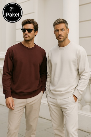 Rich Erkek 2'li Paket Kahverengi - Krem Bisiklet Yaka Scuba Basic Sweatshirt Kahverengi