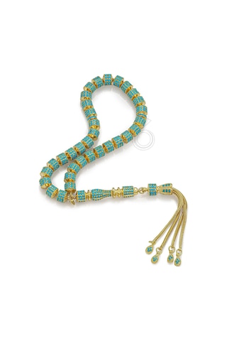 925 Ayar Gümüş Altın Kaplama Turkuaz Firuze Taşlı Tesbih