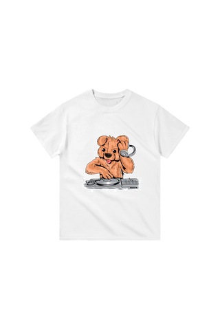 Paybuy Erkek Dj Köpek Kulaklık Turntable Müzik Baskılı Pamuk Tişört Casu Beyaz