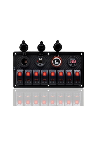 Bfy Switch Panel 8'Li +Usb+Plastik Çakmaklık+ Çakmak+ Voltmetre Kırmızı