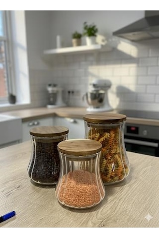 Morponi 3'lü Akasya Kapaklı Borosilikat Cam Kavaoz Seti 500-750-1000 Ml Vita Serisi Şeffaf