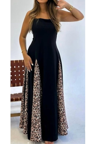 Kadın Dalgıç Kumaş Leopar Desenli Kloş Elbise Çok renkli