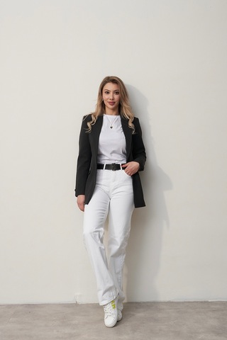 Rabia Çelik Kadın Siyah Tek Düğmeli Kol Detaylı Marka Model Blazer Ceket Siyah Siyah