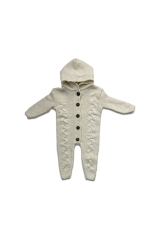 Babysena Kapüşonlu Örgü Kız Bebek Tulum Ekru