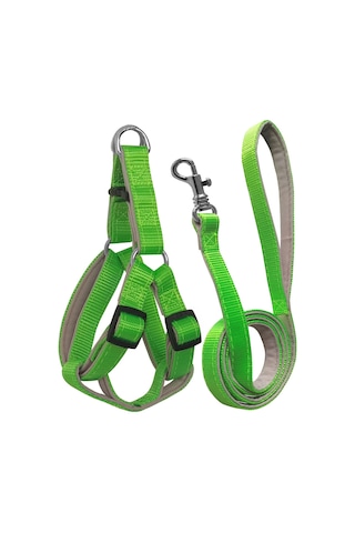 Gezdirme Kayışlı Dokuma Köpek Göğüs Tasma Seti 32 47-110 Cm Neon Yeşil