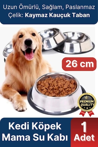 Premium Uzun Ömürlü Sağlam Kaymaz Kauçuk Taban Paslanmaz Çelik Metal Kedi Köpek Mama Su Kabı 26 Cm