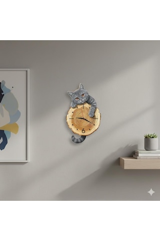 Cajuart Kütük Üzerinden Bakan Gri Kedi Tasarımlı Duvar Saati Modern Dekoratif Saat Kahverengi