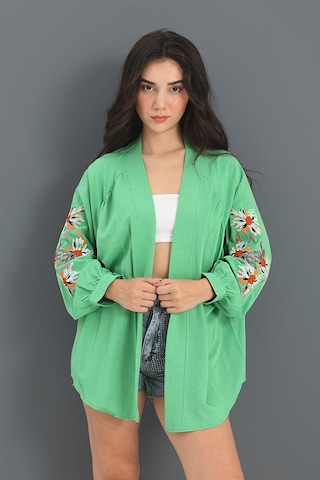 Wpr Kimono Reglan Kol Nakışlı Keten - Yeşil-yeşil Yeşil