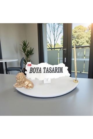 Doğal Beyaz Mermer Masa Ofis İsimlik Kalem Ve Aslanlı