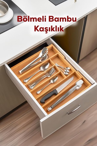 5+2 Bölmeli Bambu Kaşıklık Çekmece İçi Kaşıklık Yandan Açılır +2 Bölmeli Kaşıklığı Doğal Bambudan El Çok Renkli