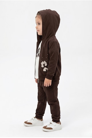 Toontoy Kids Toontoy Kız Çocuk 3'lü Eşofman Takımı Uzun Kollu Bisiklet Yaka Nakışlı T-shirt - Kapüşonlu Fermuarlı Hırka- Beli Paçası Lastikli Eşofman Altı 25042 Kahve