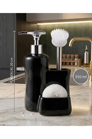 Porselen Tezgah Üstü Fırçalı Süngerli Sıvı Sabunluk Takımı 550 Ml Siyah
