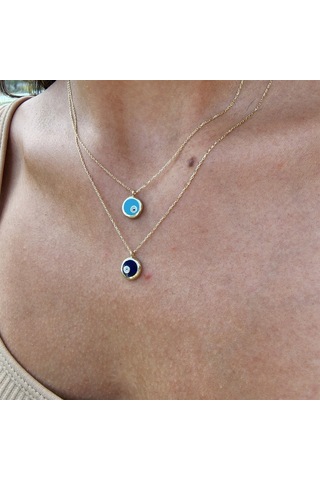 Ala Lacivert Lazer Mineli Nazar Boncuğu Göz Tasarım Taşsız Modern Hediye Tarz 14 Ayar Altın Kolye