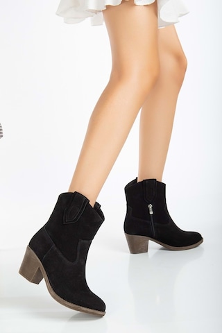 Analin Shoes Kadın Hakiki Deri Western Kovboy Bot Siyah Süet