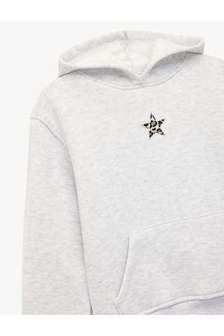 Koton Yıldız Detaylı Şardonlu Kanguru Cepli Uzun Kollu Kapşonlu Sweatshirt Kar Melanj 7wkg10048ak Gri Melanj