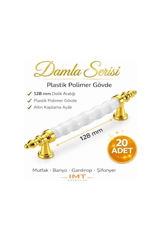Damla Lüks Polimer Mobilya Kulpu 128 Mm Beyaz-altın 20 Adet Mutfak Dolabı Çekmece Vestiyer Kulpu Altın