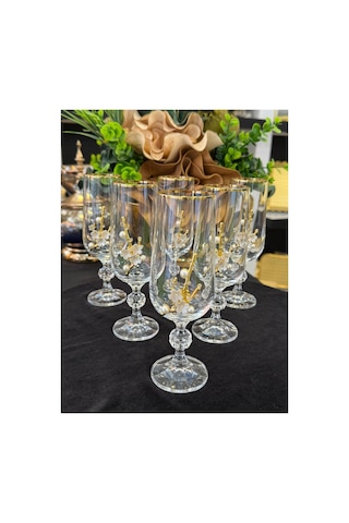 6 Adet Bohemia Kristal Gold Yaldızlı İnci Broşlu Kahve Yanı Su Bardağı Kadeh Altın