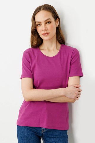 Kadın Sıfır Yaka Kısa Kol Pamuk Kaşkorse T-shirt Sıklamen pembe