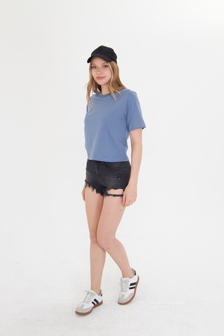 Kadın Siyah Yuvarlak Yaka Regular Fit Normal Kesim T-shirt Tişört Mavi
