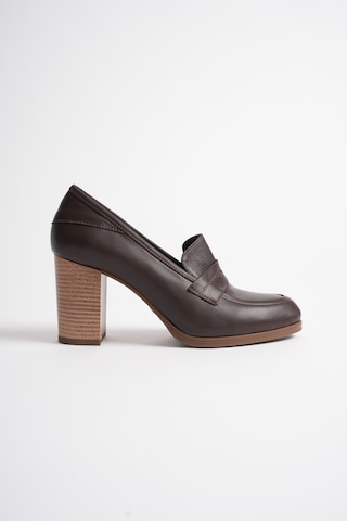 Analin Shoes Kadın Hakiki Deri Saraçlı Klasik Topuklu Ayakkabı Kahve