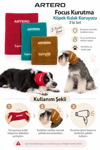 Artero Focus Kurutma Köpek Kulak Koruyucu 3'lü Set