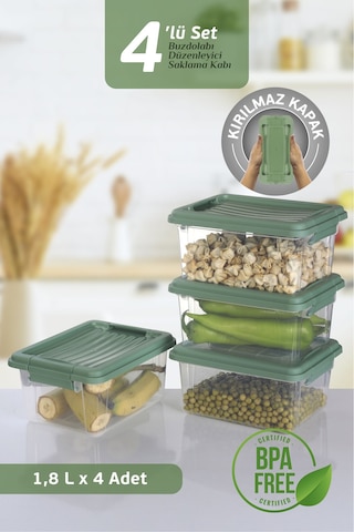 4'lü Set - 1800 Ml Kilit Kapaklı Erzak Saklama Kabı Difriz Buzdolabı Düzenleyici Saklama Kutusu Mint Yeşil