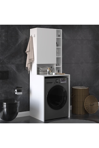 Asra Trend Çamaşır Makinesi Üstü Banyo Dolabı BD-02 %100 MDF Kapaklı Organizer Raf Beyaz