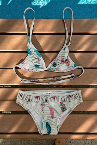 Lolliboomkids Kız Çocuk Fırfır Detaylı Üçgen Bağlamalı Kuş Tüyü Desen Baskılı Bikini Takımı Fur Çok Renkli