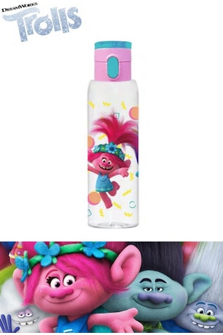 Flosoft Lisanslı Trolls Matara, Trolls Desenli Düğmeli Okul Suluğu, Sızdırmaz Öğrenci Suluk 500Ml