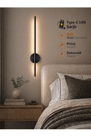 Flame Sarjlı Led Aplik 8w 3200k Gün Işığı 75cm Duvar Tipi /tablo Dekoratif Işık Siyah