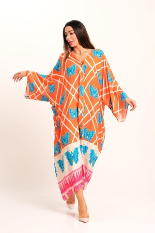 Kadın Turuncu Kelebek Desenli V Yaka Yarasa Kol Cepli Oversize Uzun Gömlek Elbise - Turuncu