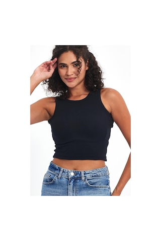 Comeor Kadın Lacivert Fitilli Görünümlü Askılı Kalın Esnek Örme Basic Crop Atlet Bluz Cmrb93