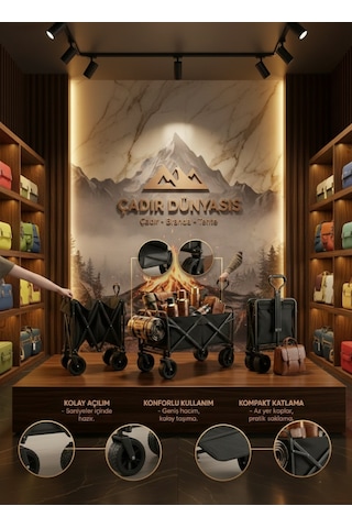 Çadır Dünyası Elite Series Katlanır Kamp Ve Plaj Vagonu - 100 Kg Kapasiteli, Büyük Tekerlekli Siyah Taşıma Arabası Çok Renkli