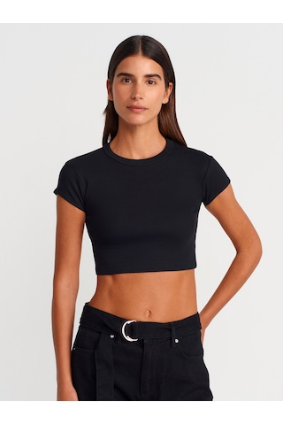 Dilvin 31810 Bisiklet Yaka Crop T-shirt-siyah Siyah