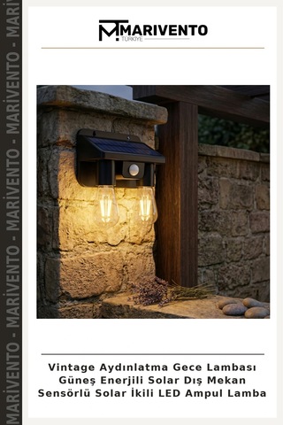 Vintage Aydınlatma Gece Lambası Güneş Enerjili Solar Dış Mekan Sensörlü Solar İkili Led Ampul Lamba