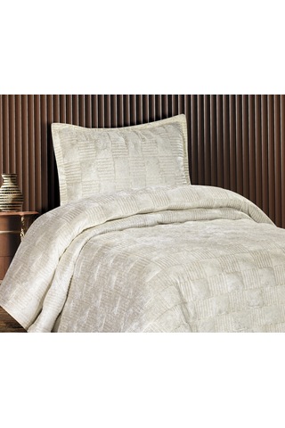 Goldroom Home Ranya Kadife Nakışlı Tek Kişilik Yatak Örtüsü Krem